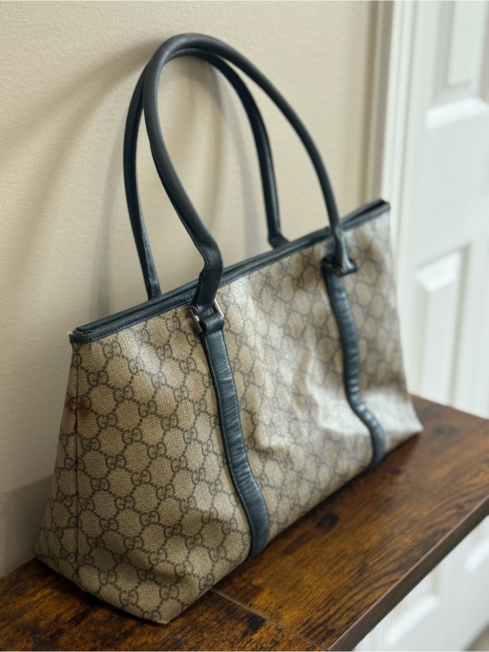 Vintage Gucci GG Canvas Tote Bag Navy Leather Trim Style 114595 234990 - Picture 4 of 16